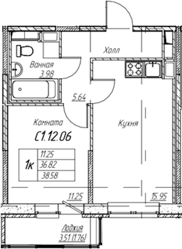 1-комнатная квартира 38.58 м², 12/22 эт., ЖК «Парк-квартал Юнтолово»